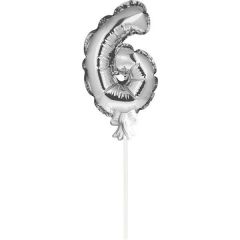 Mini Folieballon Caketopper Zilver Cijfer 6