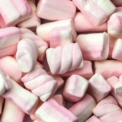 Een kleurrijke mix van roze en witte marshmallows, feestelijk uitgestald in een traktatieschaal. glucosefructosestroop, suiker, water, varkensgelatine, dextrose, maiszetmeel, voedingszuur: melkzuur, aroma, kleurstof: E131. Droog bewaren.