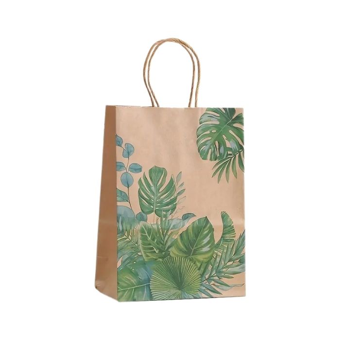 Cadeautasjes Kraft met groene bladeren - 6 stuks