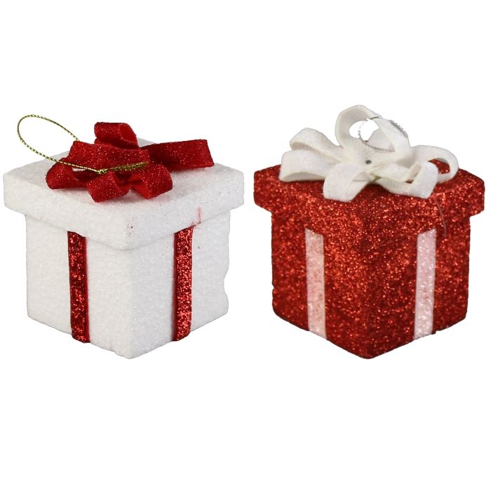 Hangdeco Cadeautje Glitter Rood & Wit (2 stuks)