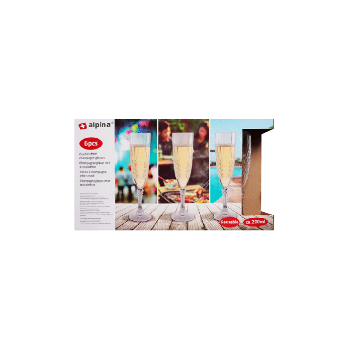 Een elegante set van zes herbruikbare champagneglazen met kristaleffect, perfect voor feesten, trouwerijen, picknicks en barbecues.