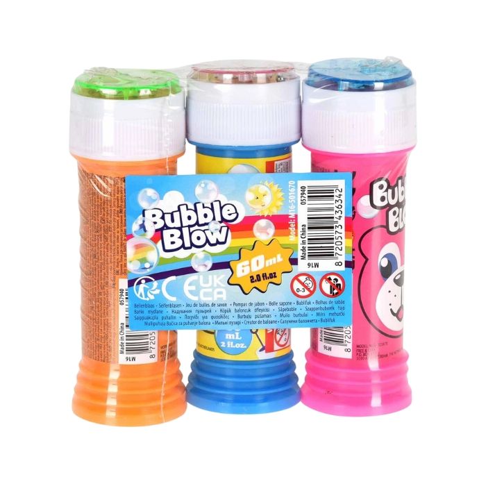 Set van 3 vrolijk gekleurde Bellenblaas Bubble Blow potjes van 60ml voor magisch speelplezier.