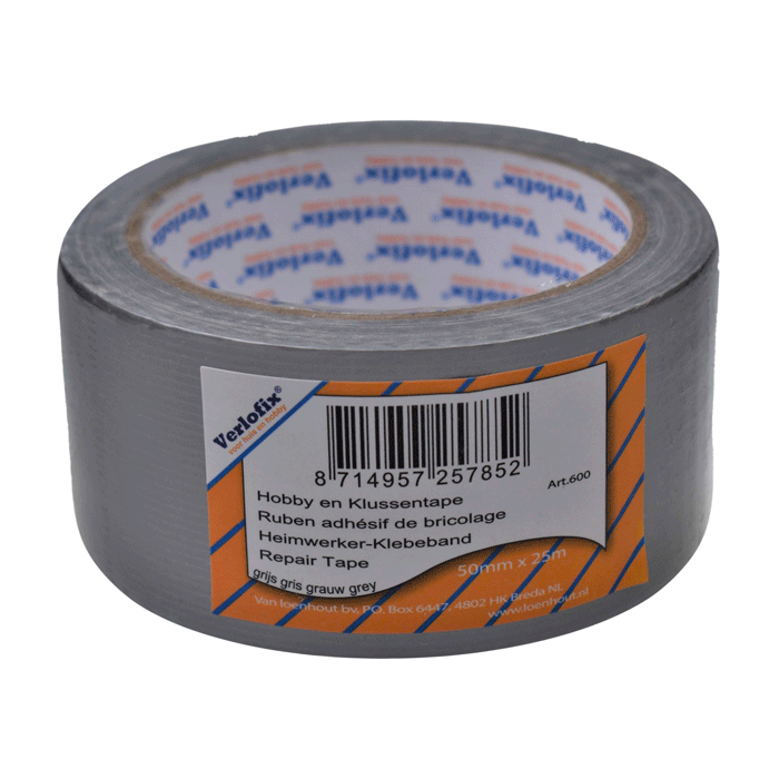 Grijze Klus Reparatie Tape 50mm breed, rol van 25 meter, geschikt voor klussen en hobbyprojecten.