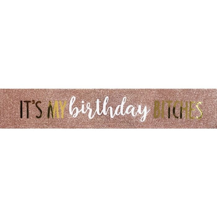 Rosegouden glitter verjaardag sjerp met goud en wit folie tekst It's My Birthday