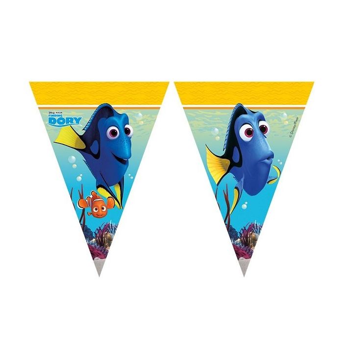 Afbeelding van een kleurrijke Finding Dory vlaggenlijn van 2,3 meter lang, ideaal voor kinderfeestjes en verjaardagen.