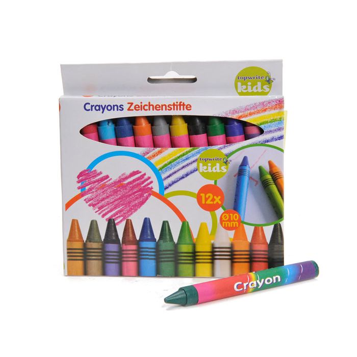 Set van 12 kleurrijke waskrijtjes geplaatst op een tafel met levendige tinten.