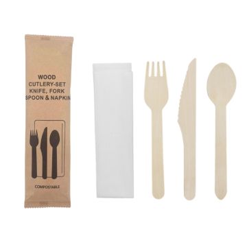 25 hygiënisch verpakte houten besteksetjes van 16 cm, elk met een vork, mes, lepel en servet, uitgestald op een witte achtergrond.