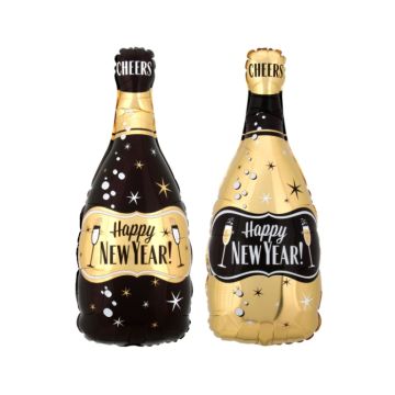 Folieballon Fles Happy New Year Goud & Zwart (25x66cm)