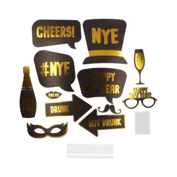 Photobooth Props Black & Gold voor Oud & Nieuw (12 stuks)
