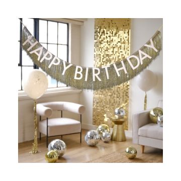 Slinger Happy Birthday Goud met franjes Ginger Ray