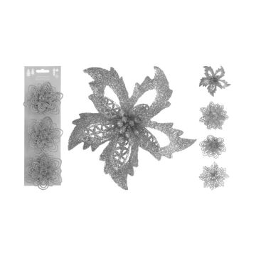 Bloem op clip Glitter Zilver - 10cm - 3 stuks