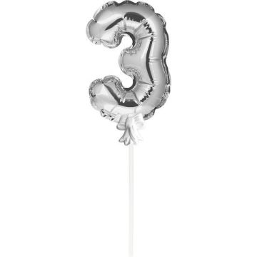 Mini Folieballon Caketopper Zilver Cijfer 3
