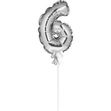 Mini Folieballon Caketopper Zilver Cijfer 6