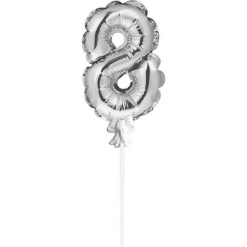 Mini Folieballon Caketopper Zilver Cijfer 8