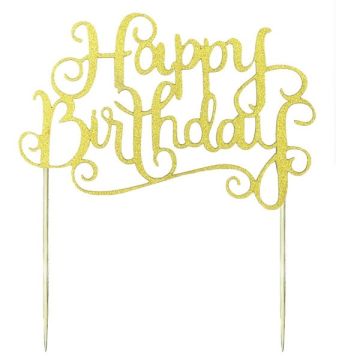 Glitter Cake Topper 'Happy Birthday' Goud 
