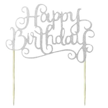 Glitter Cake Topper 'Happy Birthday' Zilver