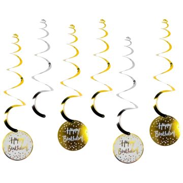 Swirls Happy Birthday Wit/Goud (6st)