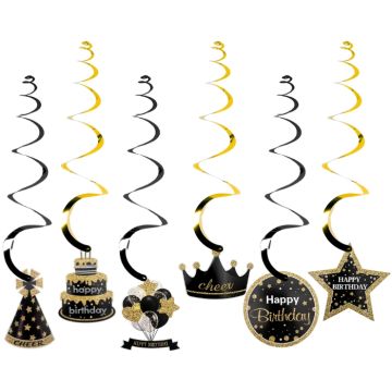 Swirls Happy Birthday Zwart/Goud (6st)