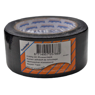 Rol zwarte ducttape van Verlofix met een lengte van 25 meter en breedte van 50mm, ideaal voor klussen en hobbyprojecten. van 50mm breed. 